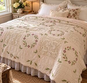 Cotton Blanket 82x82 Floral Embroidered Crochet Lace Cottagecore Shabby Chic